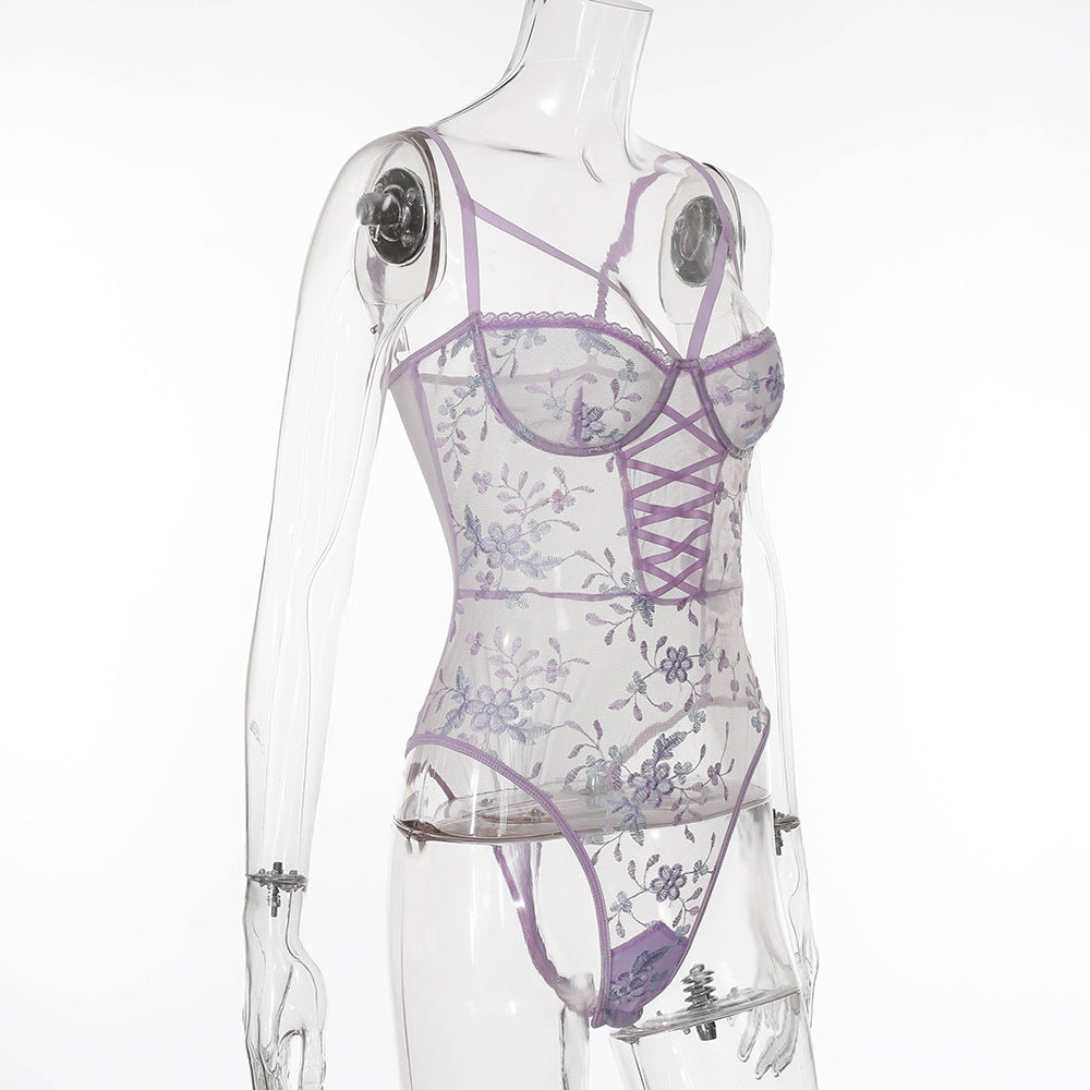 Mesh embroidery flower bodysuit