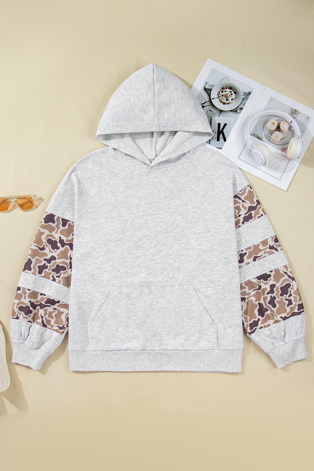 Light Grey Camouflage Patchwork Asymmetric Sleeve Plus Size Hoodie