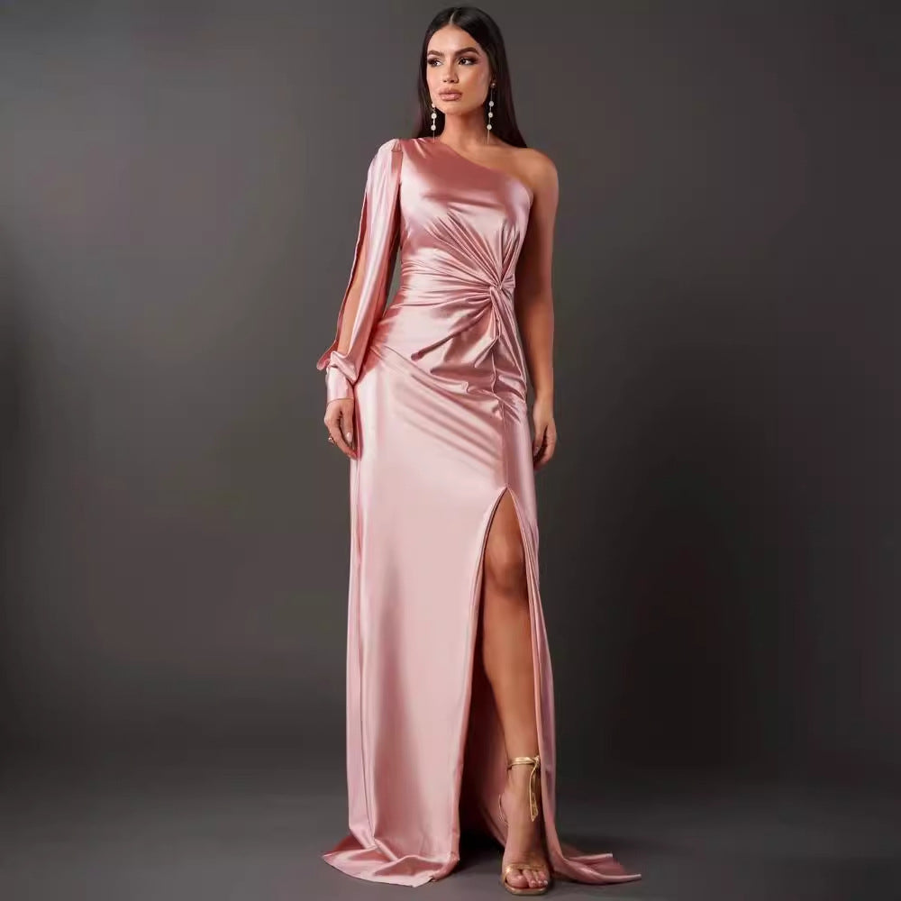 Women's One-shoulder Split Dress Ins Fashion Long-sleeved Slim Long Dresses Party Evening Clothing
