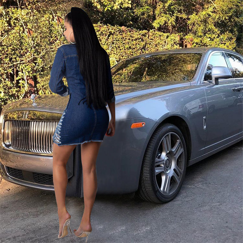Women Sexy Holes Jeans Dress Buttons Up Turn Down Collar Long Sleeve Denim Mini Night Club Party Dresses