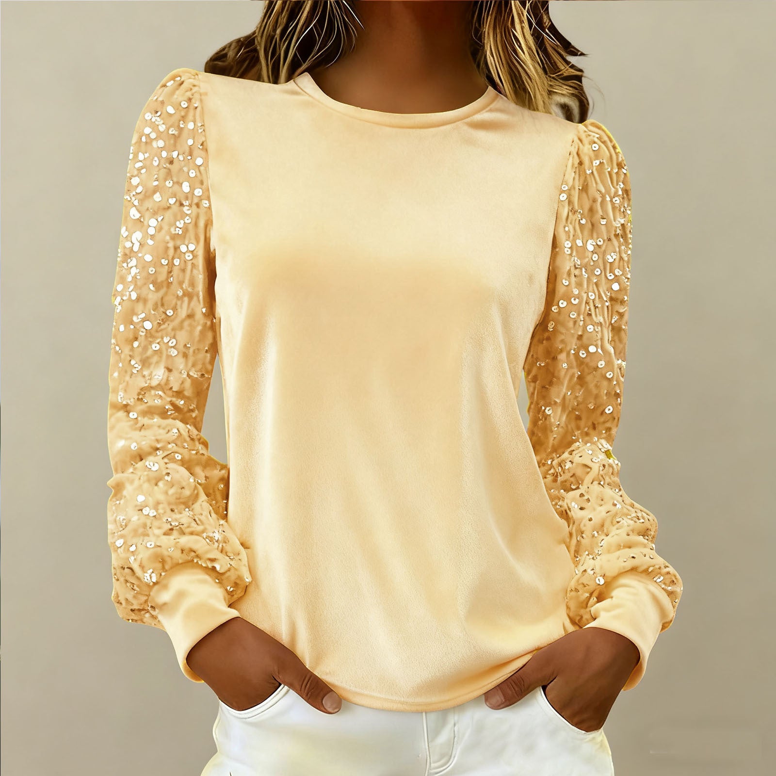 Velvet Crew-Neck Sequin-Patchwork Long-Sleeve T-Shirt Top
