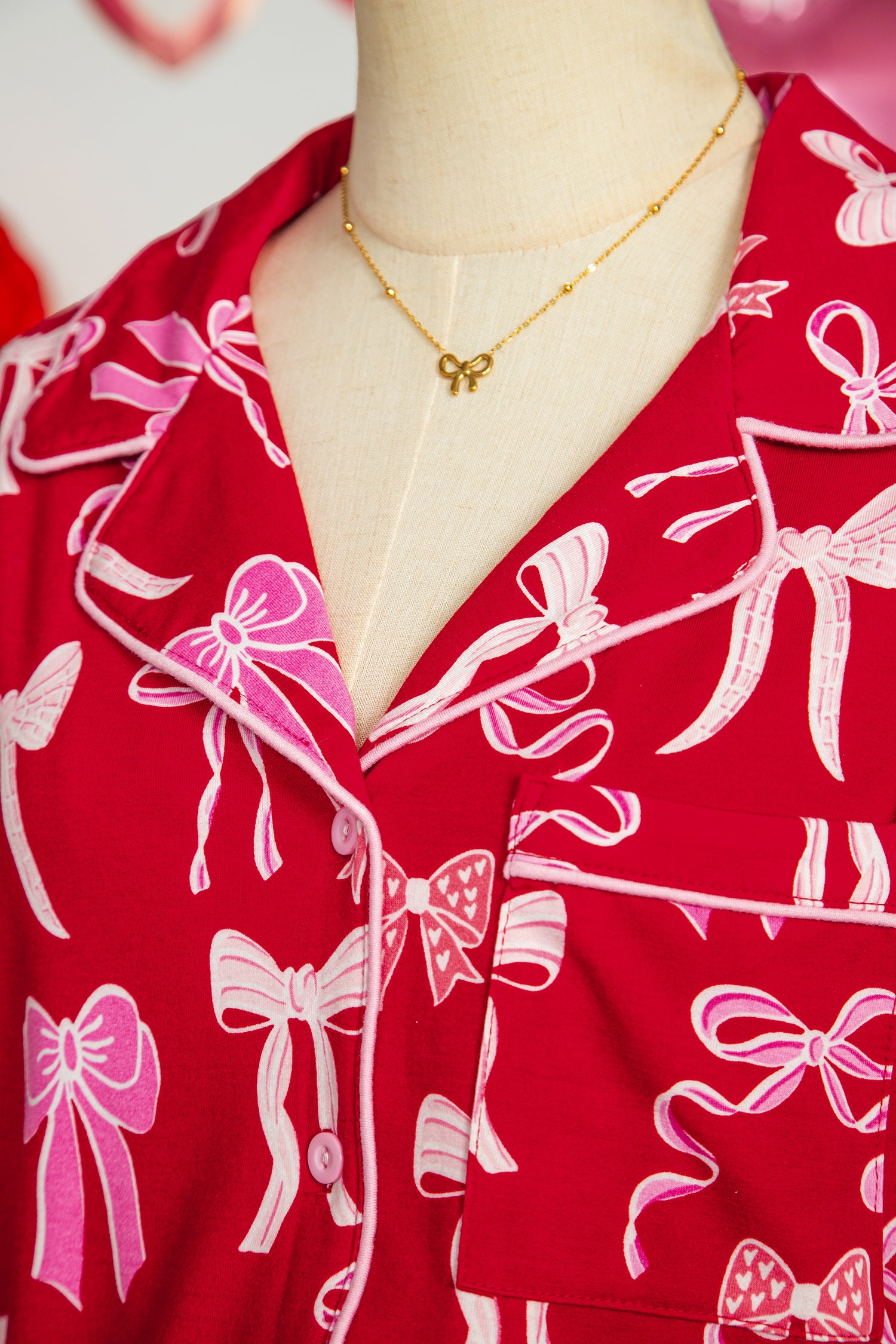 Red Sweet Bow Print Ruffled Short Sleeve Shirt Shorts 2pcs Pajama Set