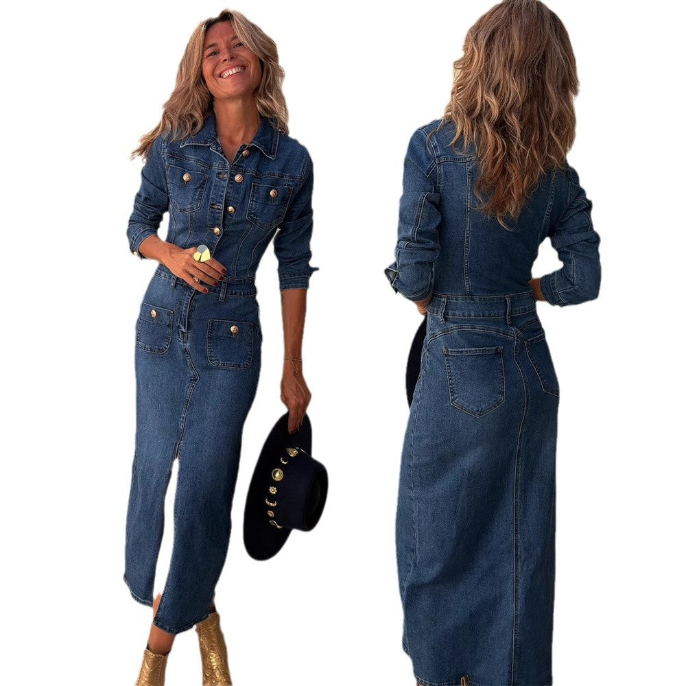 Fashionable Casual Multi-button Long-sleeve Denim Midi Dress