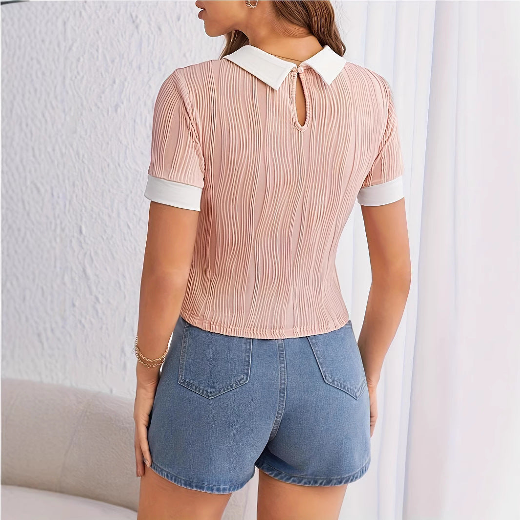 White Collar Contrast Color Lapels Short Sleeve