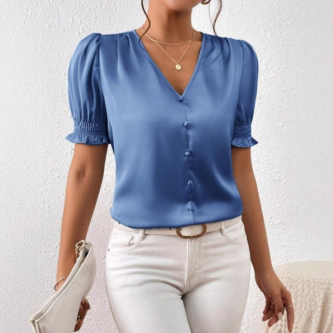 New Satin V-neck Buttons Casual Short-sleeved Ruffled Blouse