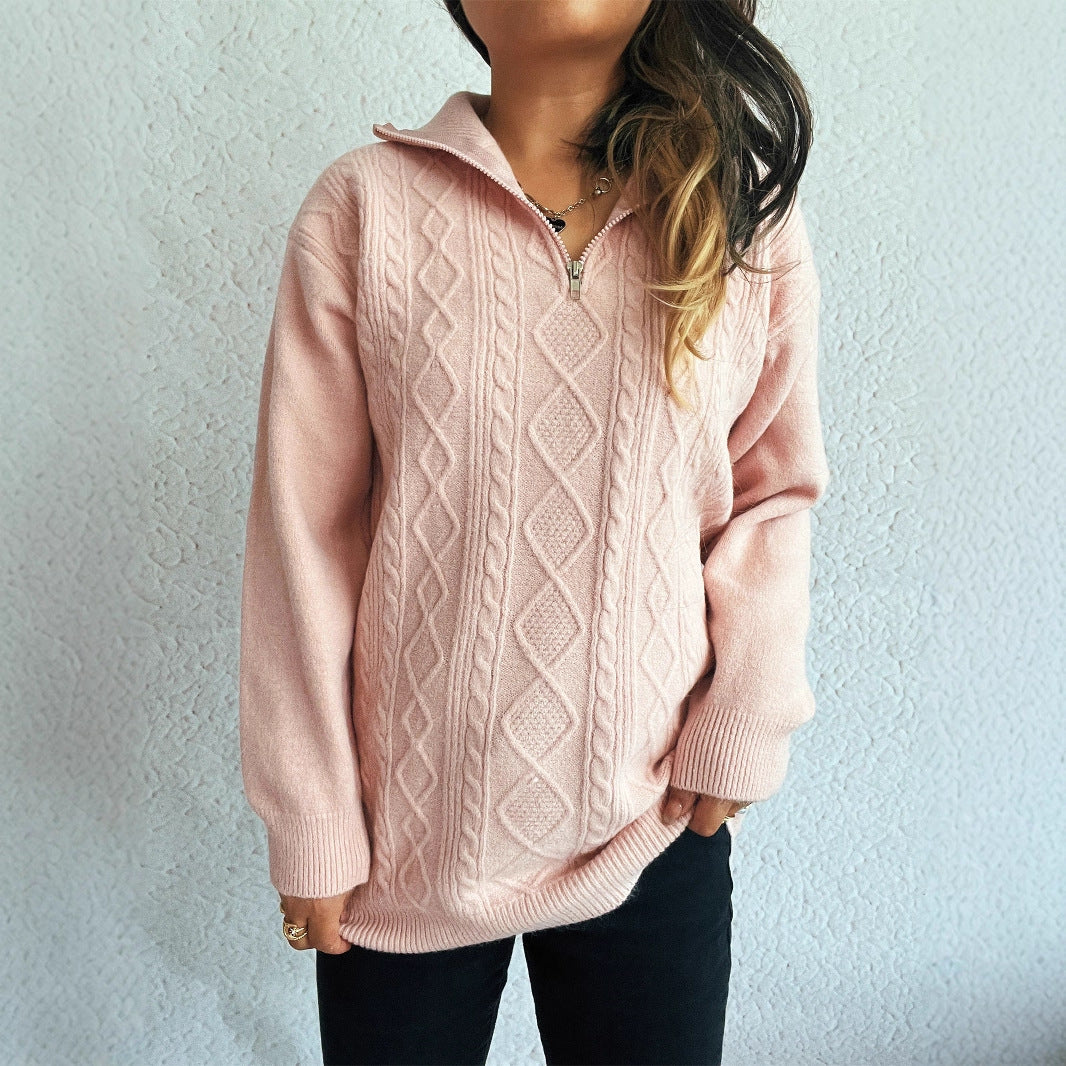 Solid Color Casual Zipper Knitted Sweater For Women