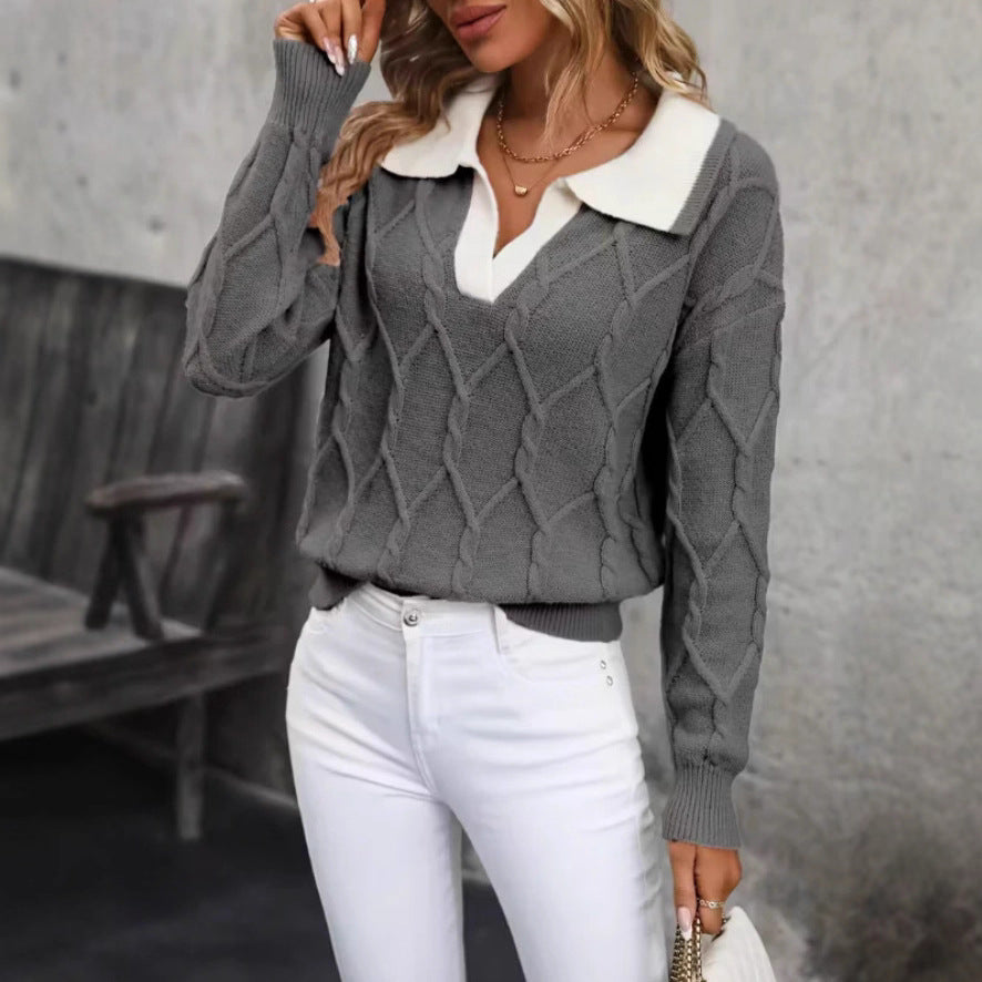 Women's Lapel Long Sleeve Contrast Color Knitted Sweater