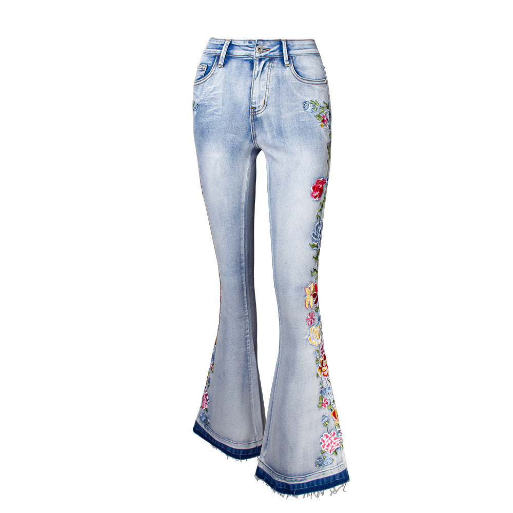 Flared Jeans Women Heavy Industry Three-Dimensional 3D Embroidery Jeans Trousers Flared Pants Large Size Women's Clothing