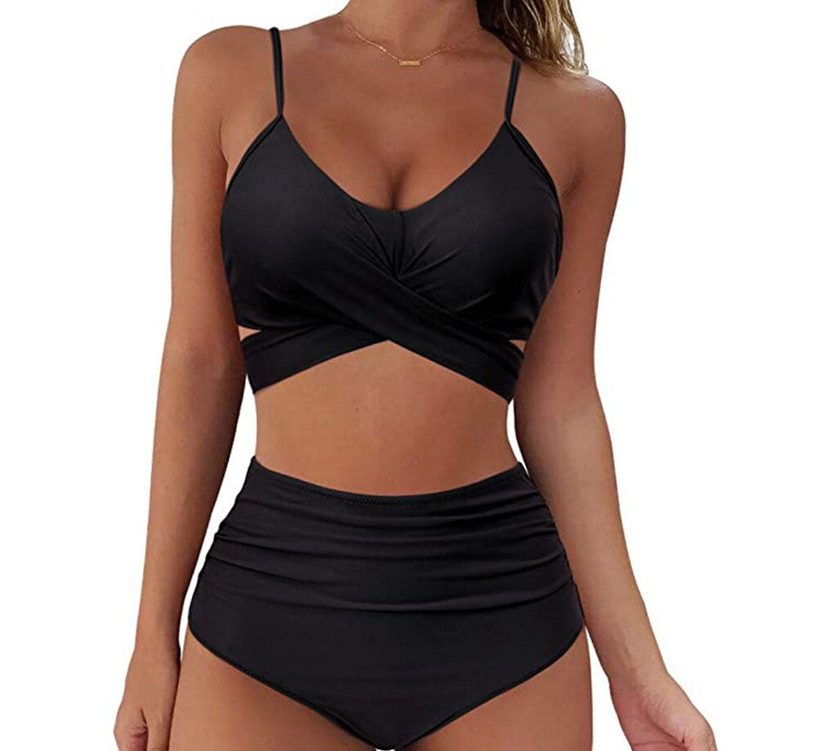 European and American swimsuit women's sexy solid color split bikini lace up high waisted leopard print cross tight swimsuit