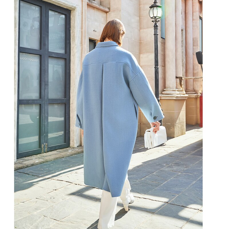 Cappotto invernale in lana doppia AEL da donna Grigio-blu Cappotto lungo a maniche larghe retrò moda sciolto da donna