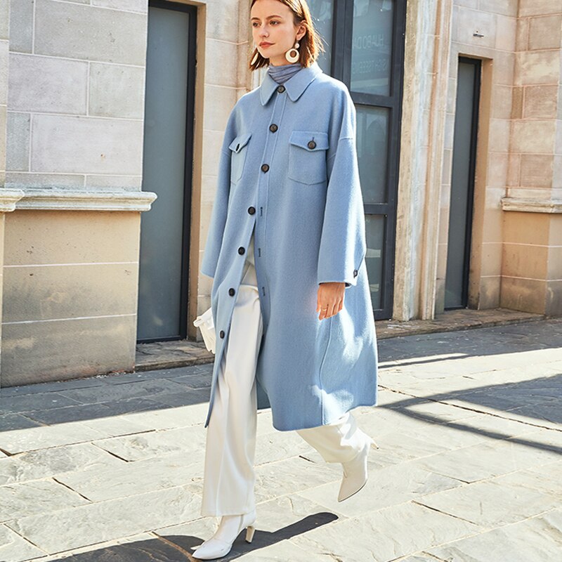 Cappotto invernale in lana doppia AEL da donna Grigio-blu Cappotto lungo a maniche larghe retrò moda sciolto da donna