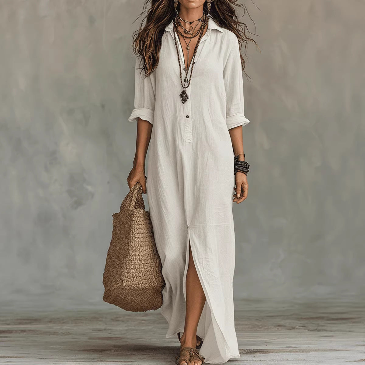 Casual Solid-color Lapel-front Slit Maxi Dress