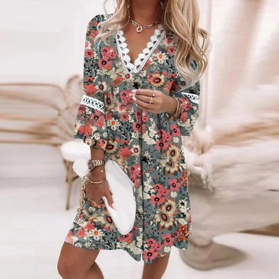 V-neck Printed Lace-Patchwork Bohemian-Style Casual Dress