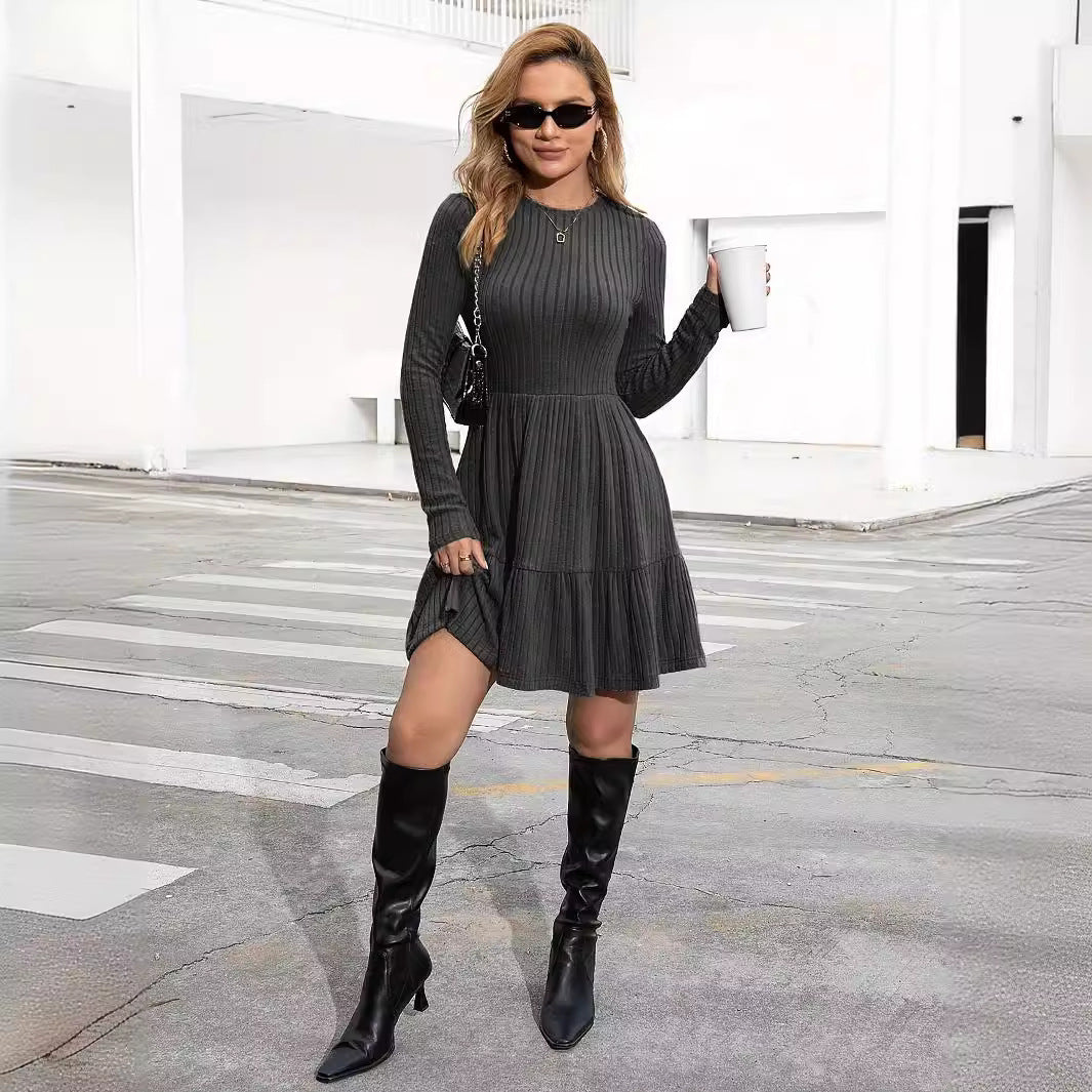 European And American Striped Round Neck Knitted Dress Sweater Women