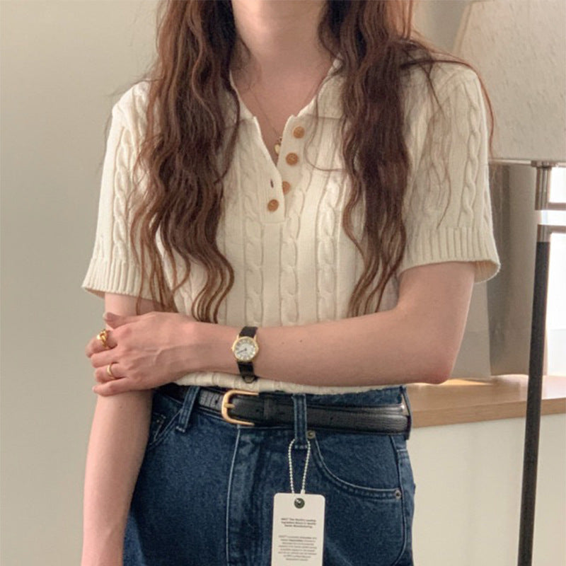 Niche Temperament Polo Collar Hemp Pattern Design Loose Leisure All-matching Short Sleeve