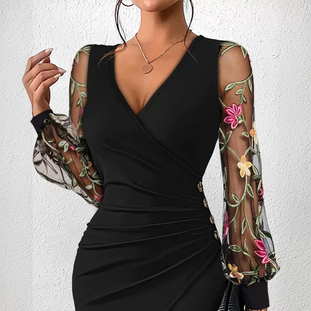 V-neck Pleated Mesh Patchwork Dress