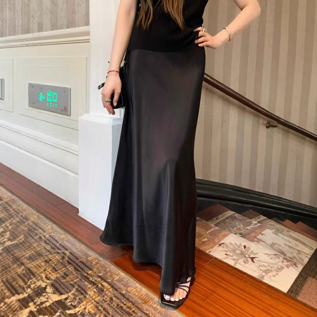 High Waist Mid-length Satin Acetate Silky Skirt