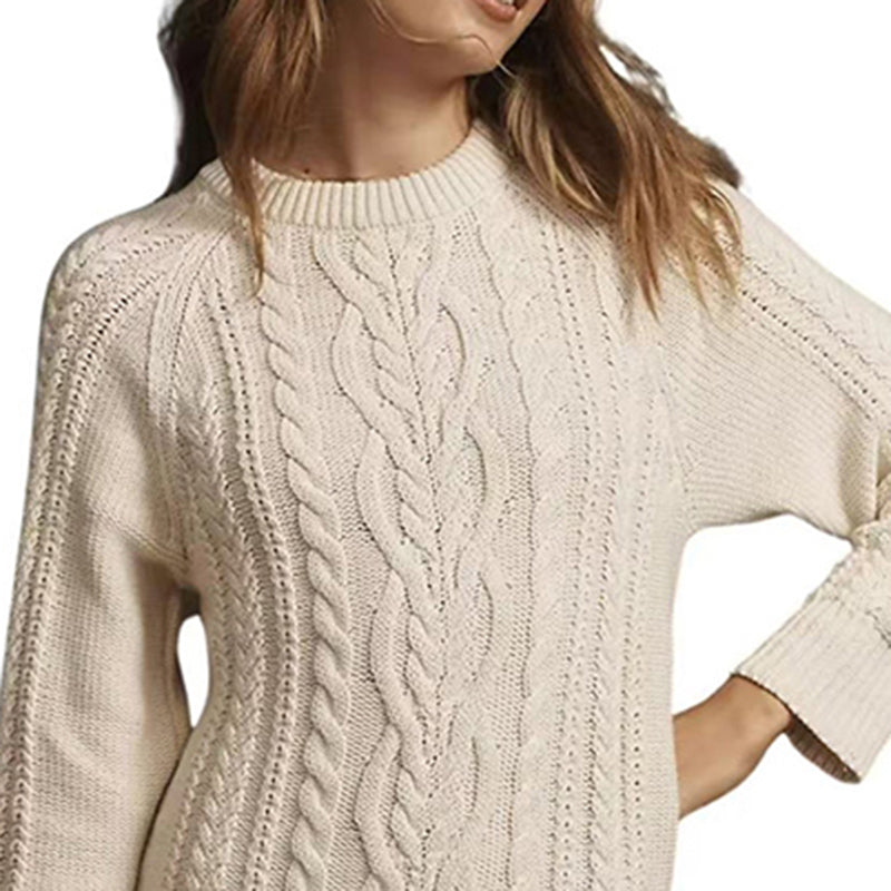 Women's Solid Color Cable Knit Sweater With Lace Hem, Round Neck Long Sleeve Top For Autumn And Winter