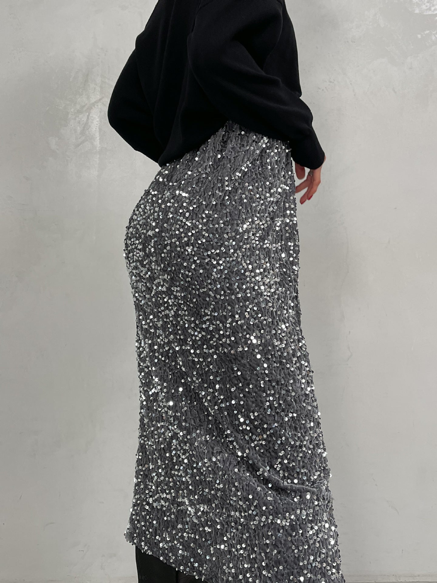 Sequins Skirt Party Sheath High Waist Slit Midi Skirt