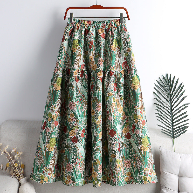 Vintage jacquard pleated puffy skirt with high waist and large hem
