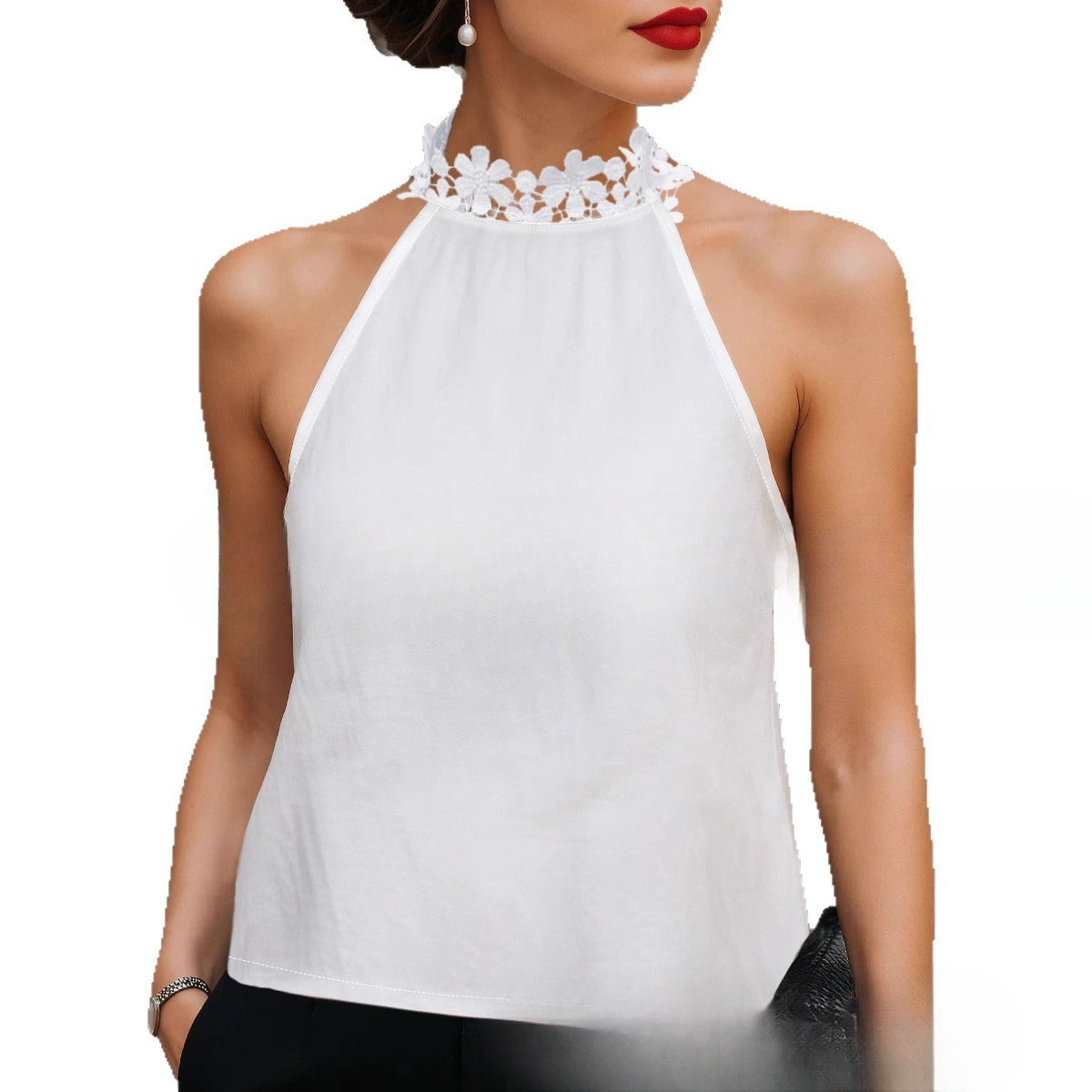 White High-neck Lace Floral Silk Sleeveless Casual Vest
