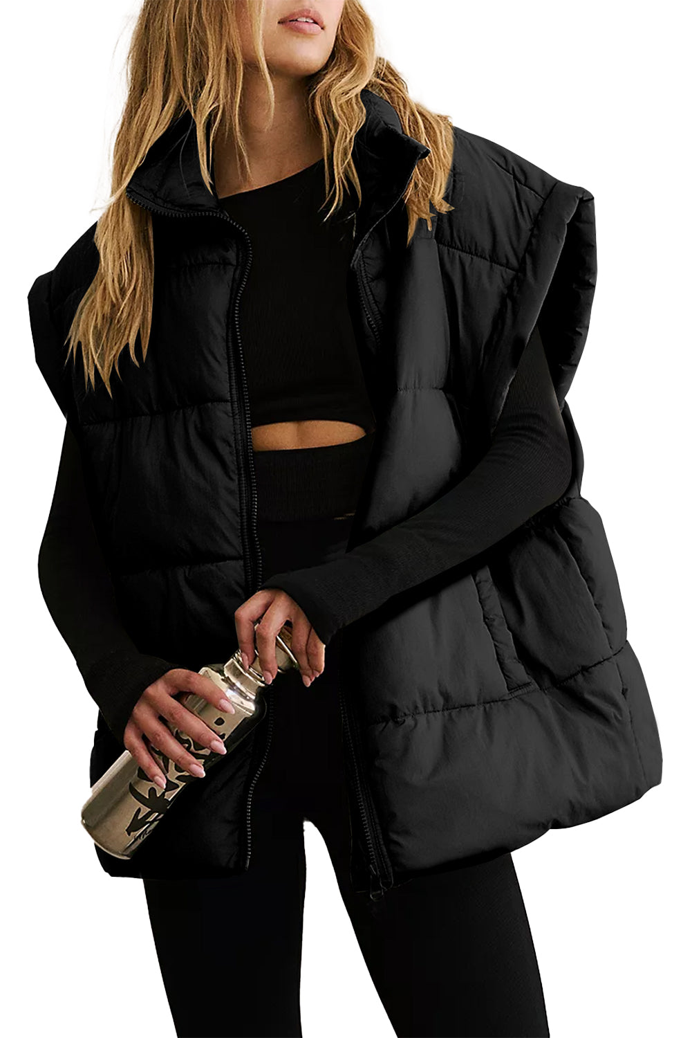 Gilet imbottito oversize con collo in tinta unita nero con cerniera