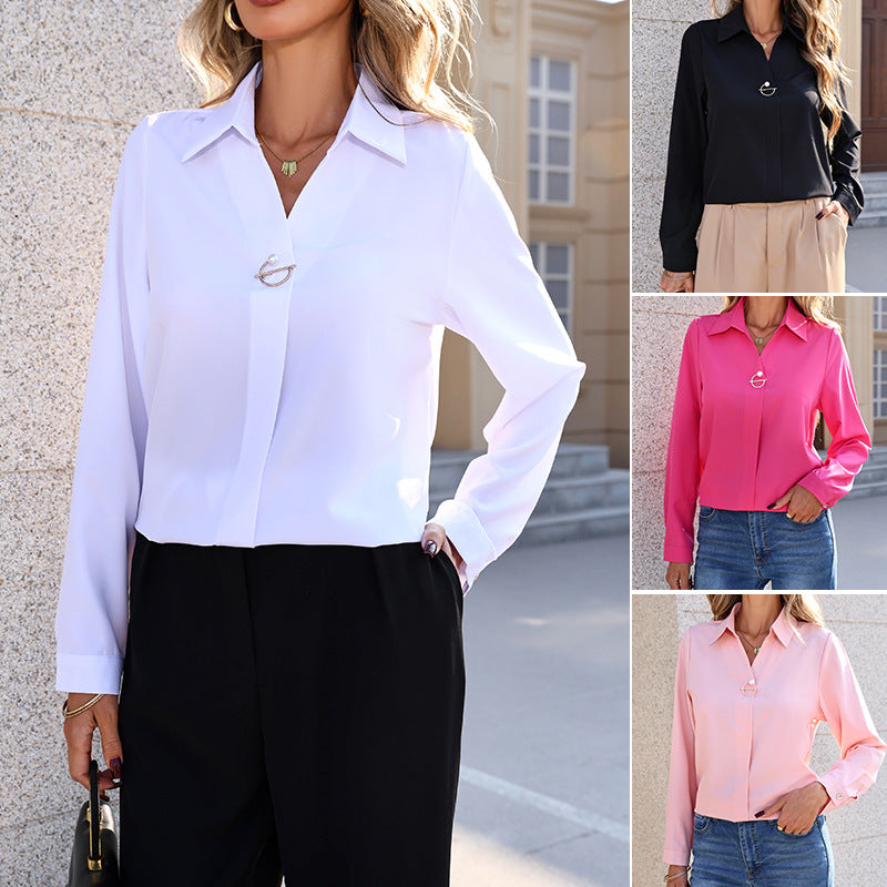 Long-sleeve Versatile Fashionable Elegant V-neck Womens Top