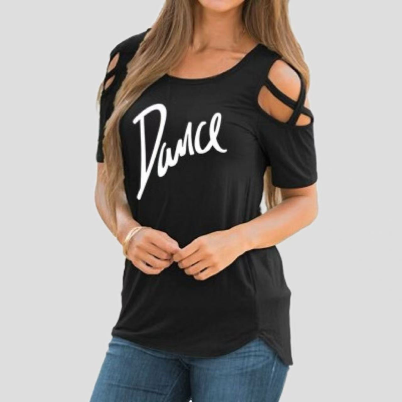 New Solid Color Short Sleeve Ripped Shoulder Lace-up