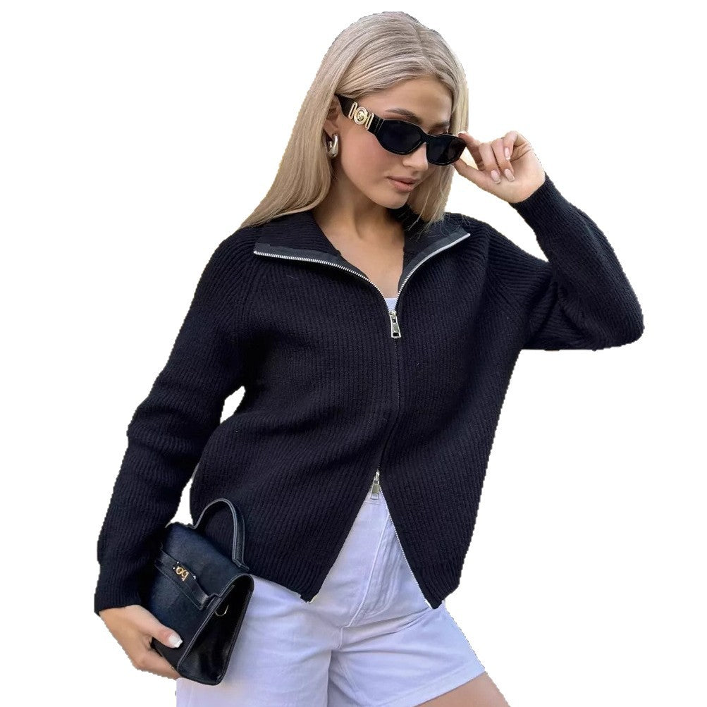 Women's Casual Knit Dual-zip Solid Color Sweater