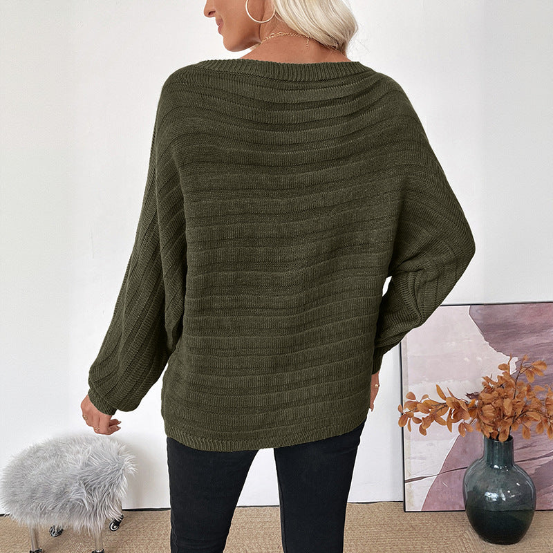 Casual Lightly Mature Loose Horizontal Striped Off-shoulder Green Sweater For Women