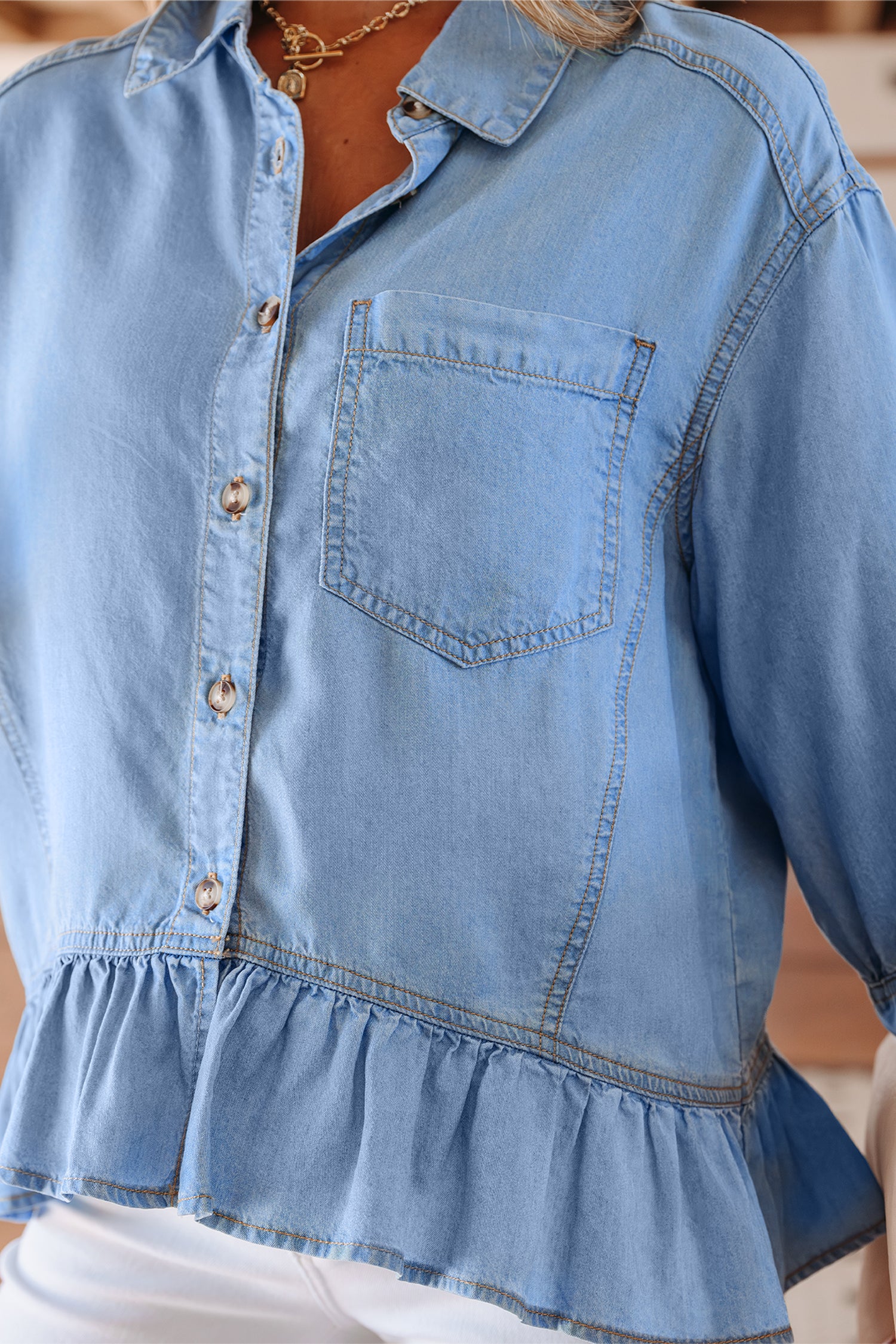 Beau Blue Half Sleeve Button Down Ruffled High Low Chambray Shirt