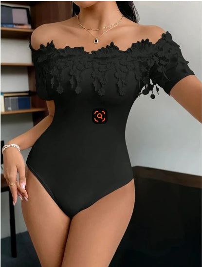 Women's Off Shoulder Short Sleeve Bodysuit Sexy Lace Bodycon Top
