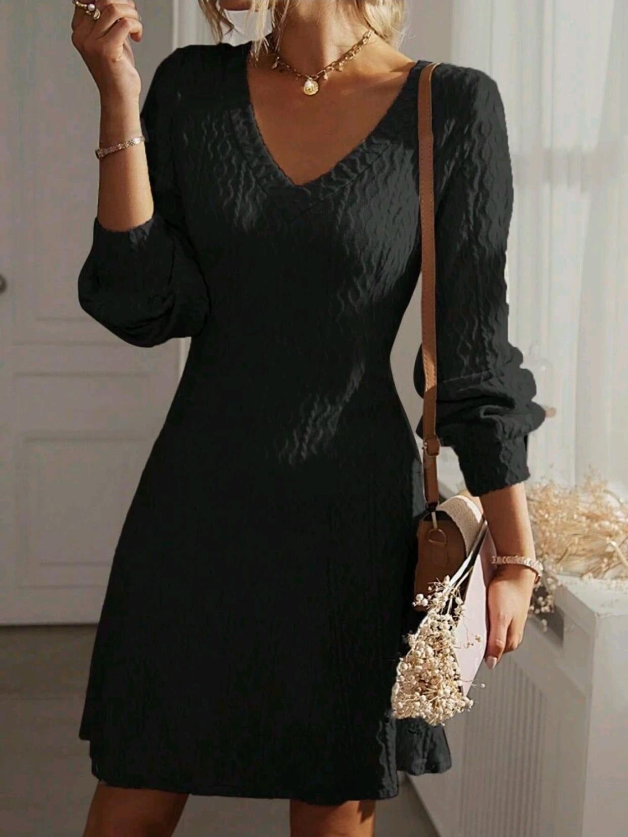V-neck Textured Long Sleeve Elegant Dress