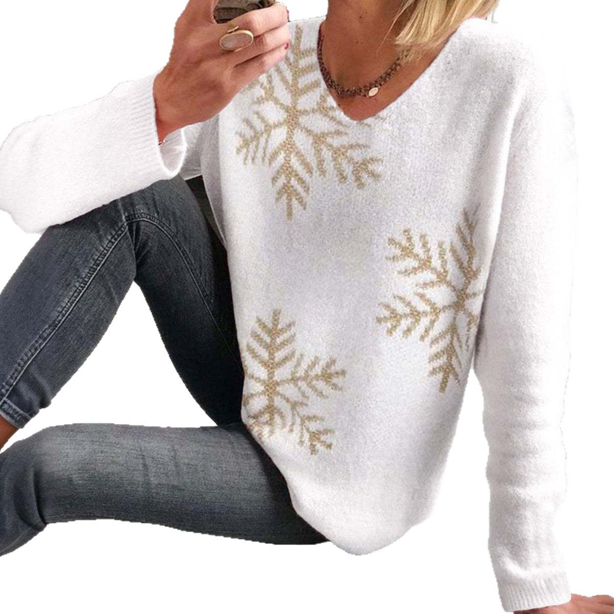 Long Sleeved White Snowflake Casual Knit Sweater