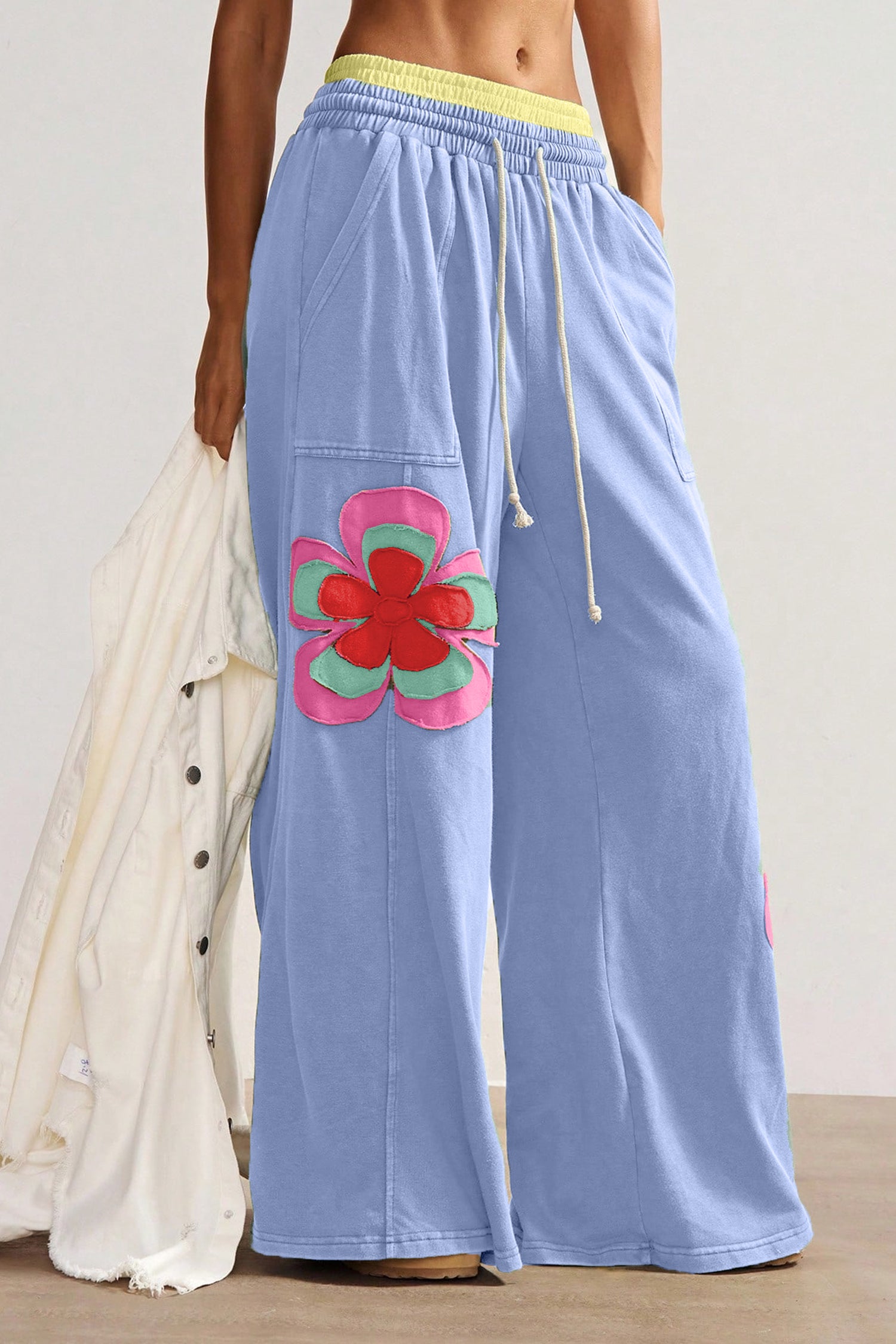 Sky Blue Color Block Flower Patchwork Drawstring Contrasted Elastic Waist Wide Leg Pants