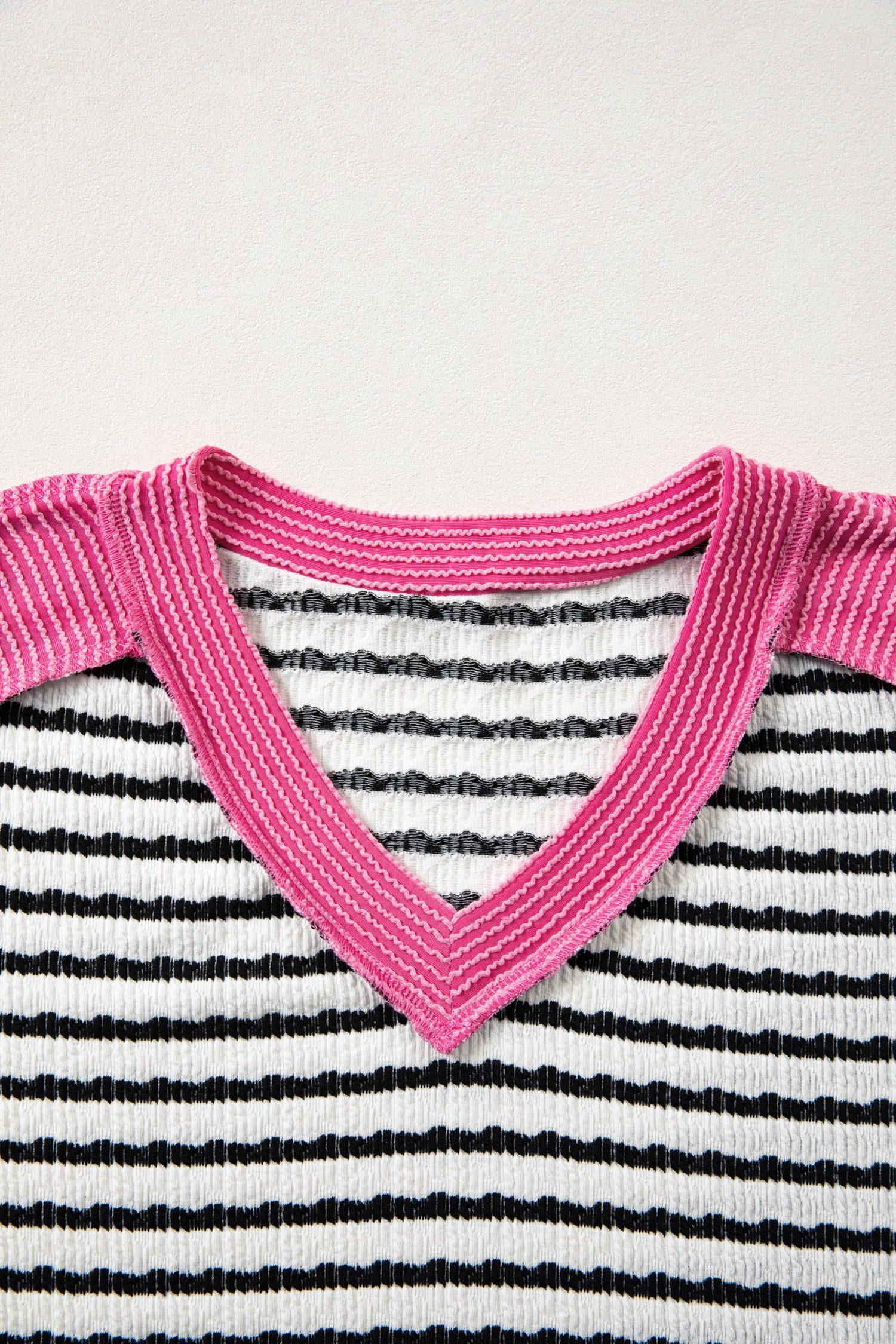 Black Stripe Textured Knit Twisted Rib Contrast Patchwork V Neck Long Sleeve Top