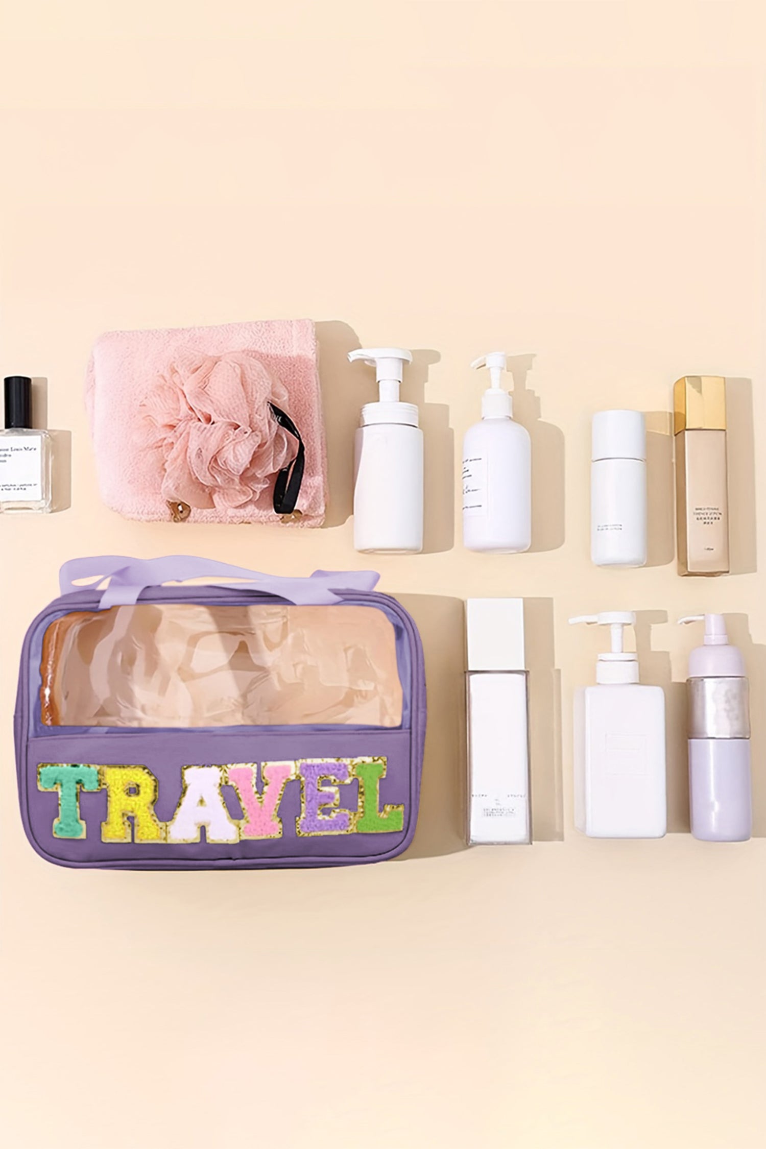 Purple TRAVEL Chenille Letter Clear PVC Makeup Bag