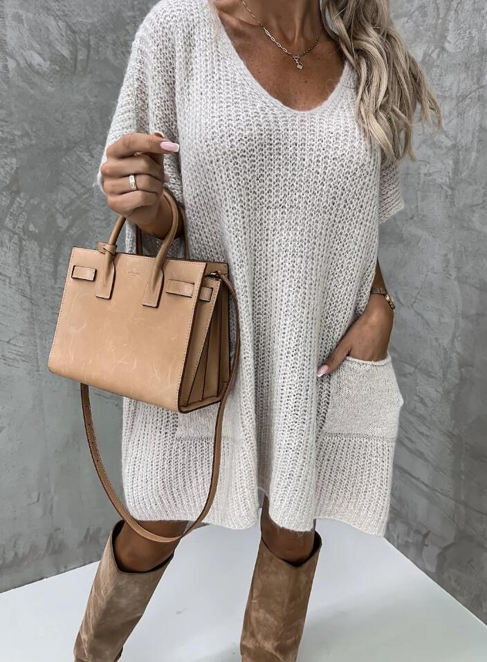 Loose Large Size Pocket Solid Color V-neck Long Sleeve