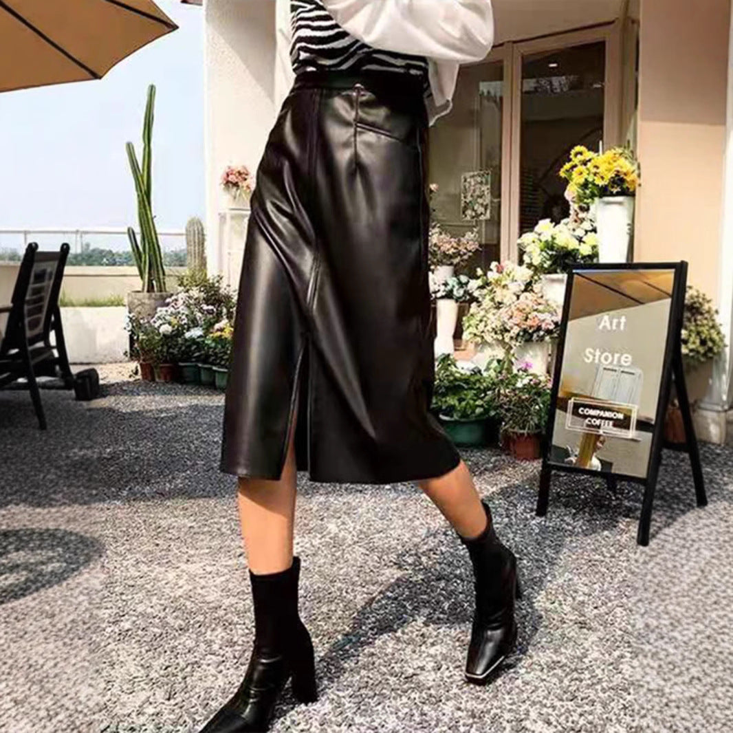 Front Slit Leather Skirt Women's Winter Skirt New