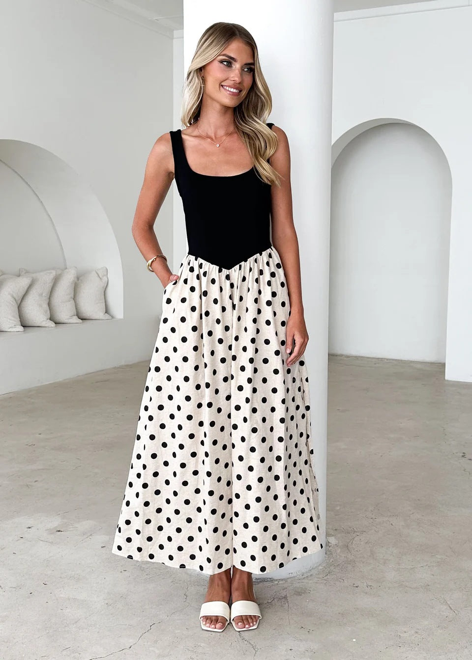 Womens Casual Polka-Dot Printed Slip Dress