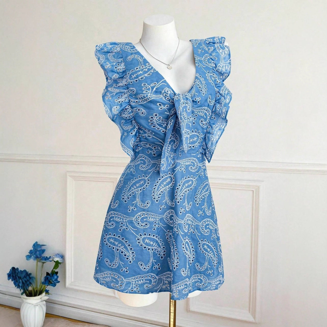 Casual Blue V-Neck Embroidered Lace Dress For Vacation And Leisure