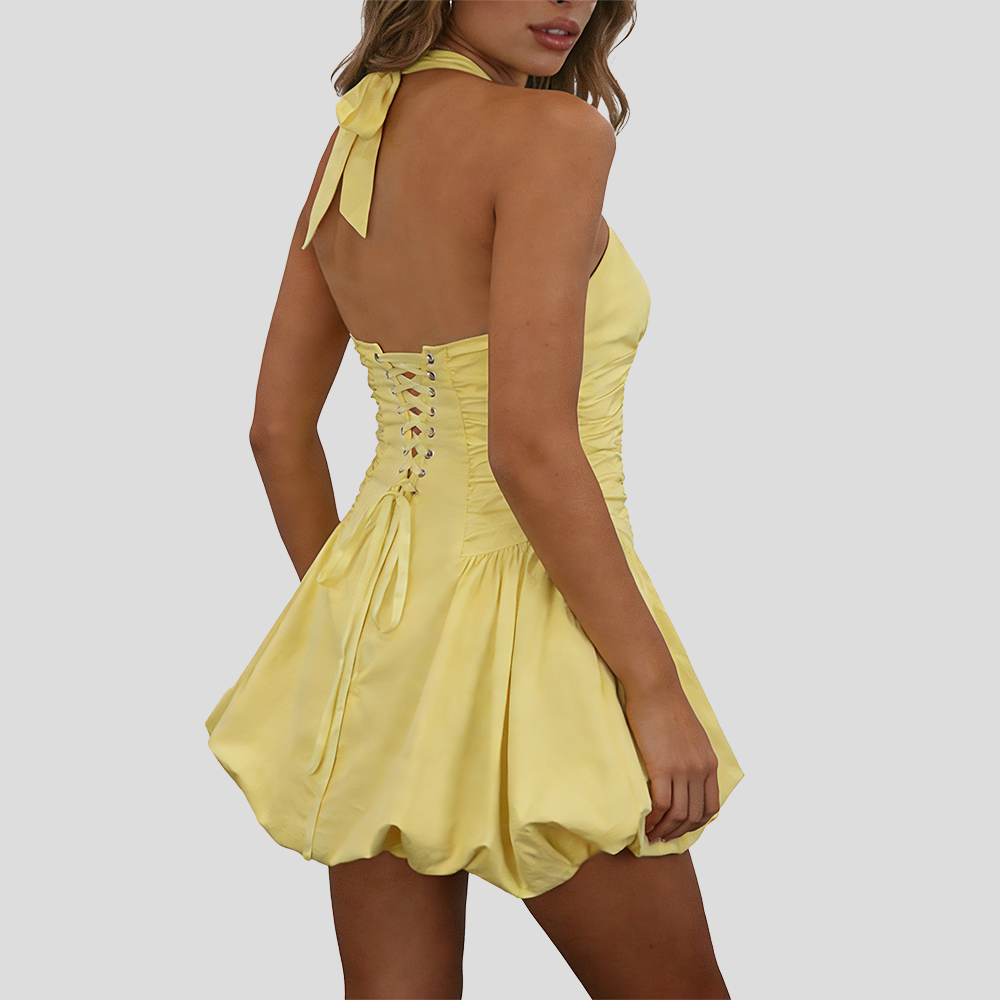 Women's Fashion Deep V Backless Halter Neck Tie Ribbon Bow Bubble Mini Dress