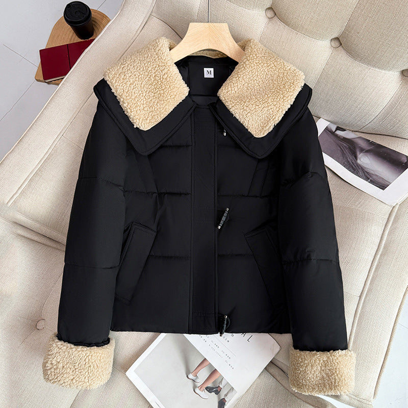 Patchwork Anti-lamb Wool Lapel Short Cotton-padded Coat
