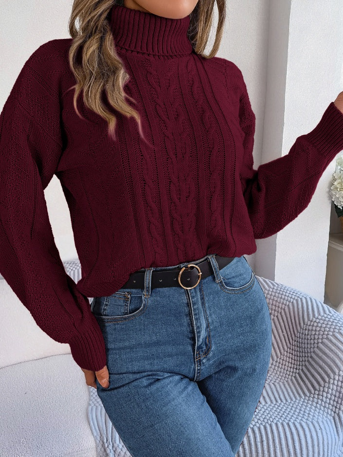 Women Casual Turtleneck Cable Knit Long Sleeve Pullover Sweater