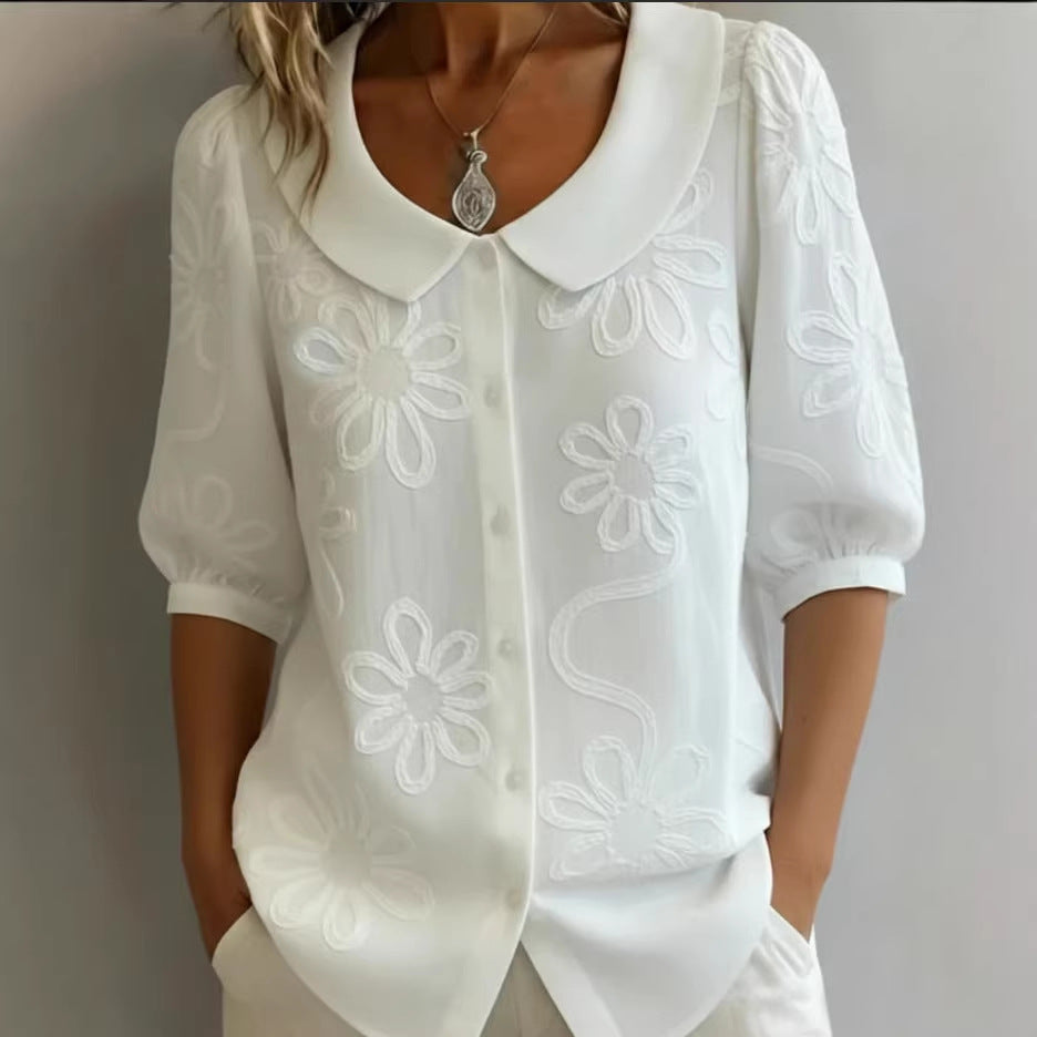 Loose-fit Retro Buttoned 3D Embroidered Floral Shirt