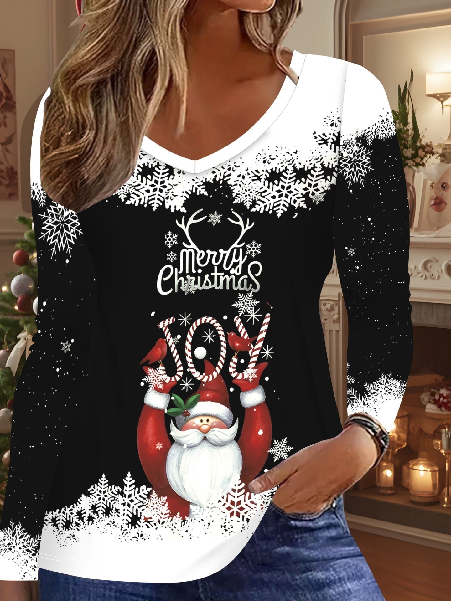 New Christmas Snowman V-neck Printed Long-sleeve Womens Top