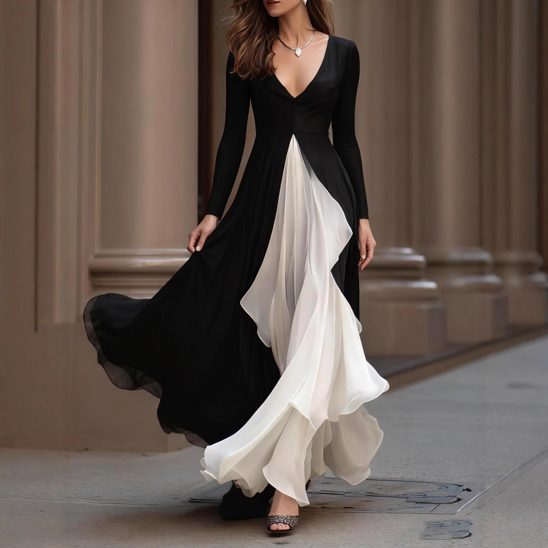 Womens French-style Long-sleeve V-neck Slim-fit Waist-cinching Dress