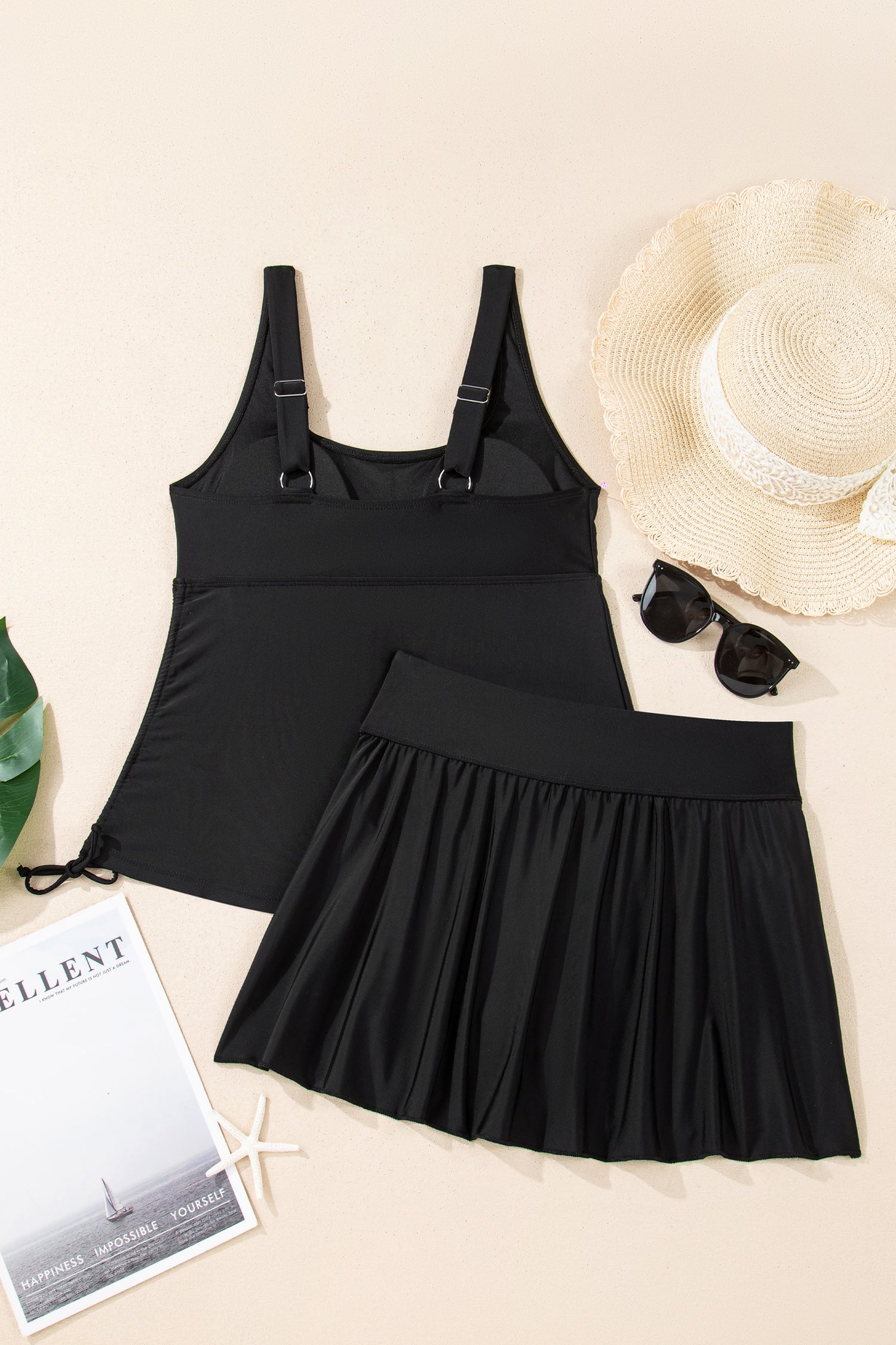 Black Scoop Neck Adjustable Tankini and Matching Skort Bathing Suit