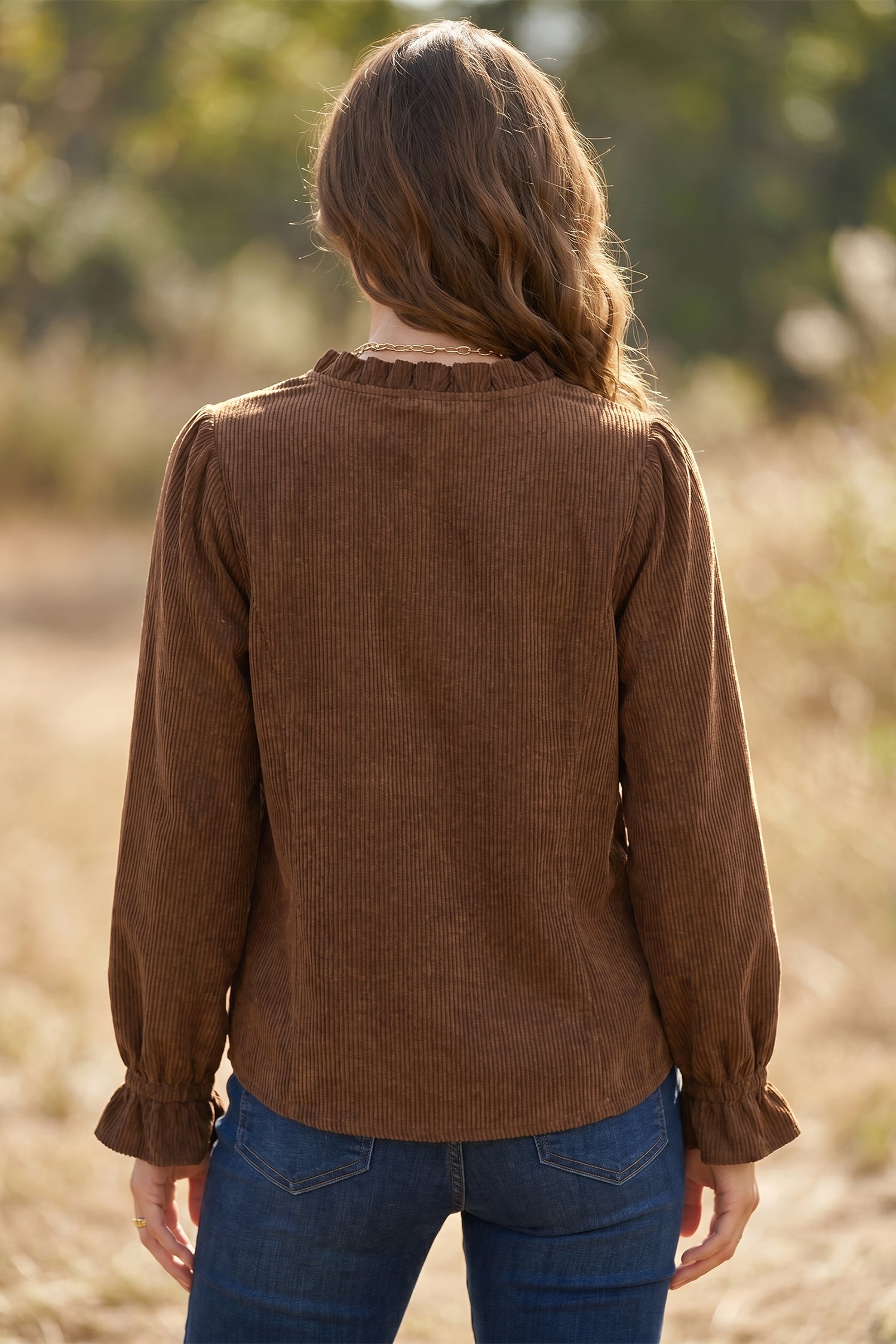 Coffee Solid Color Ruffle Trim V Neck Long Sleeve Button Corduroy Shakcet