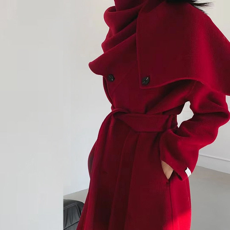 Cappotti con cintura in lana double face da donna autunno e inverno nuovo collo a sciarpa con collo a scialle doppiopetto tinta unita